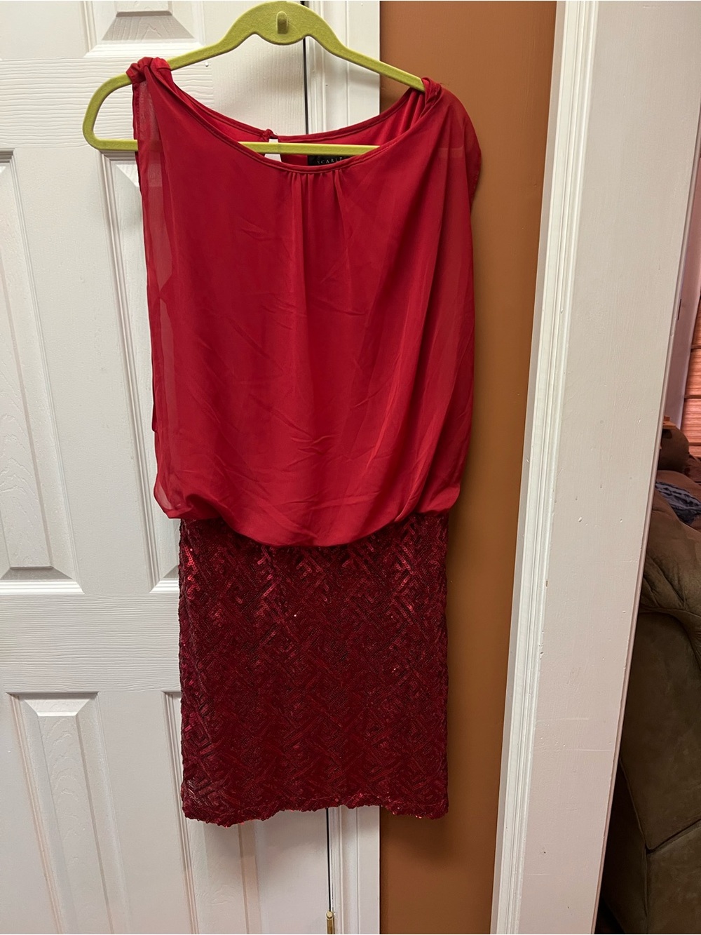 Scarlett Red Chiffon Blouson Sequin Pencil Mini Dress
